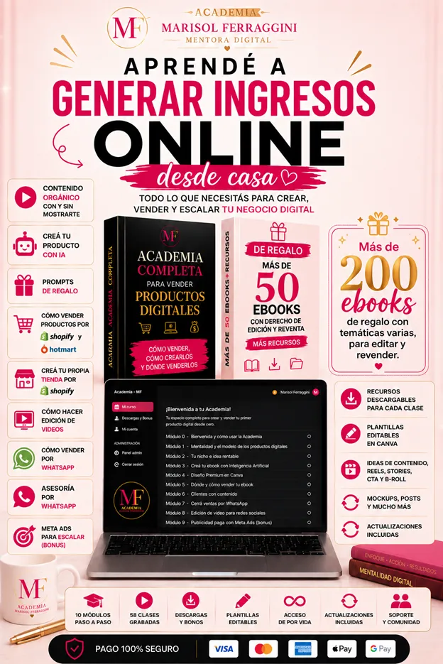 Academia Digital · Marisol Ferraggini: 10 módulos, 58 clases grabadas y más de 200 ebooks de regalo